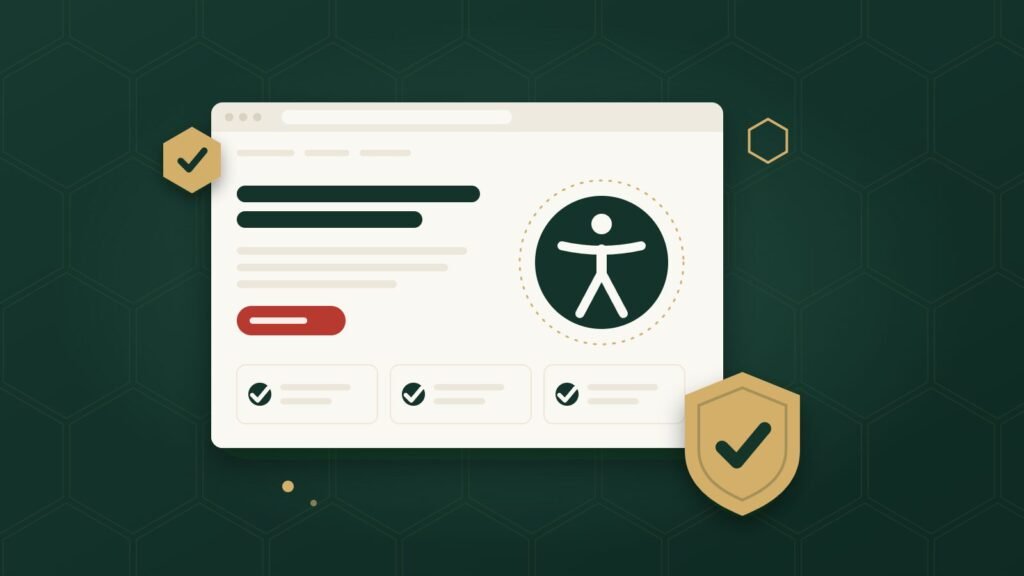 Illustration of a website with an accessibility symbol and a gold shield with a check mark
