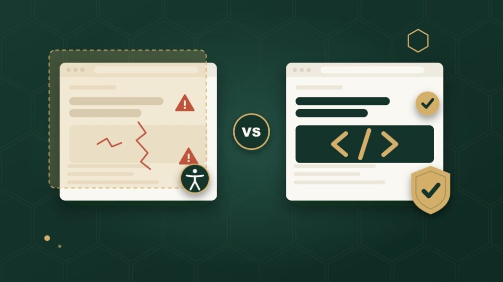 Illustration comparing a cracked page under an overlay with a page fixed in real code
