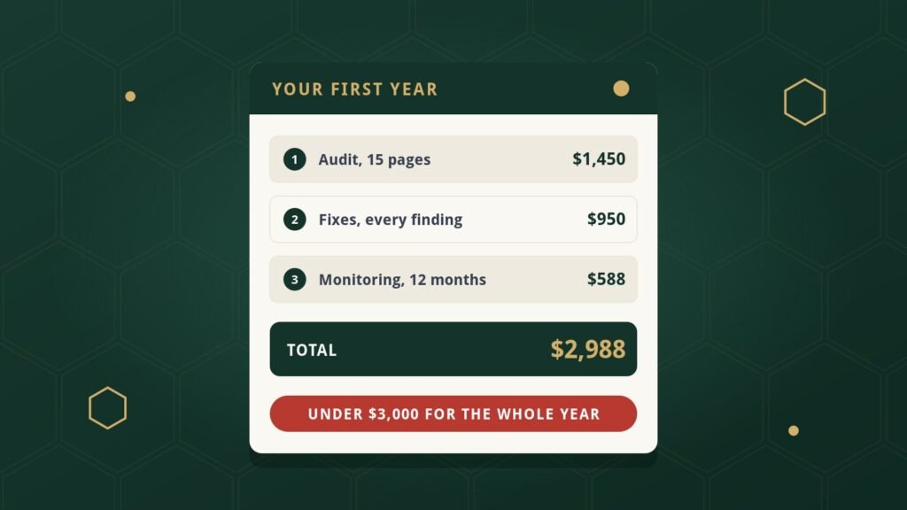 Accessibility audit cost receipt: audit $1,450, fixes $950, monitoring $588, first year total $2,988, under $3,000 for the whole year.
